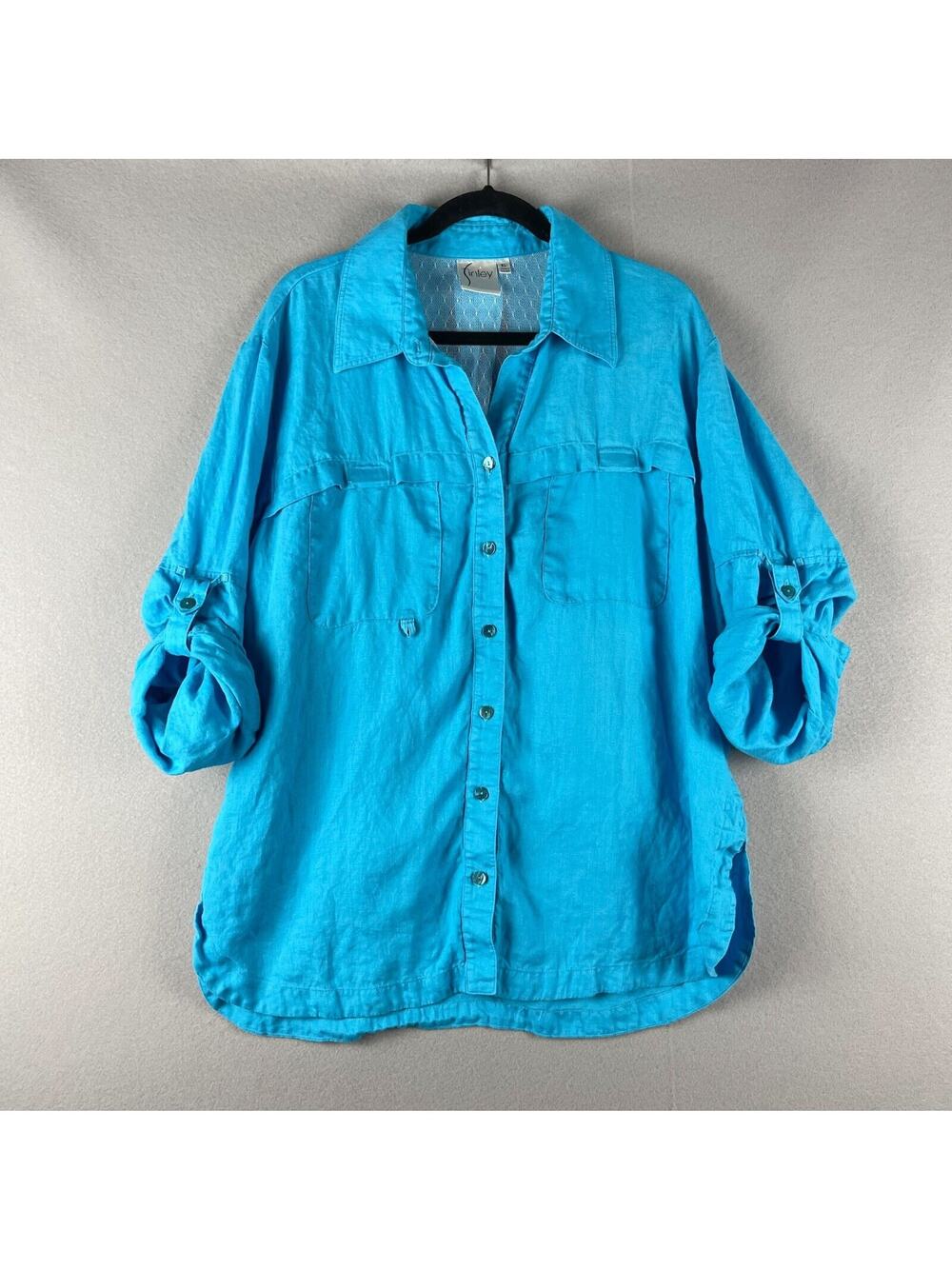 Finley Fishing Linen Shirt Women XL Blue Button Up Roll Tab Vented Mesh USA Made